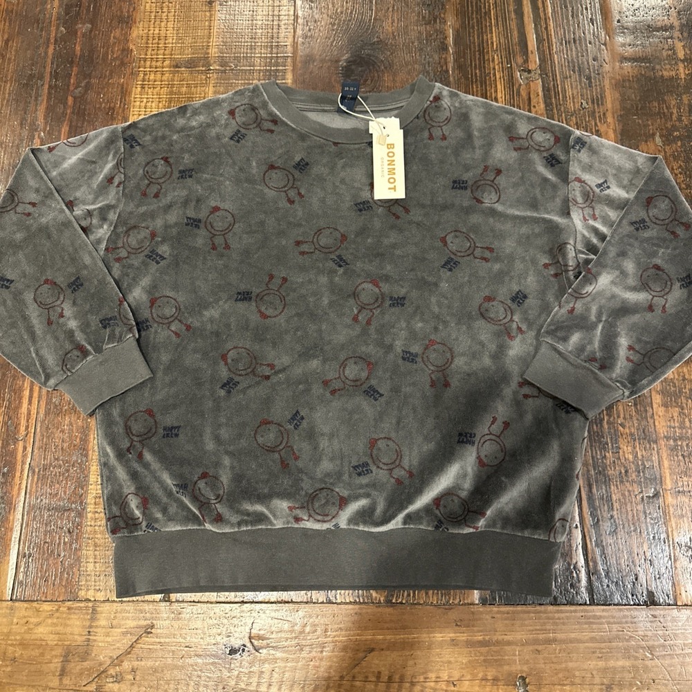 BONMOT ORGANIC GREY VELOUR HAPPY CREW SWEATSHIRT YOUTH 10-11Y
